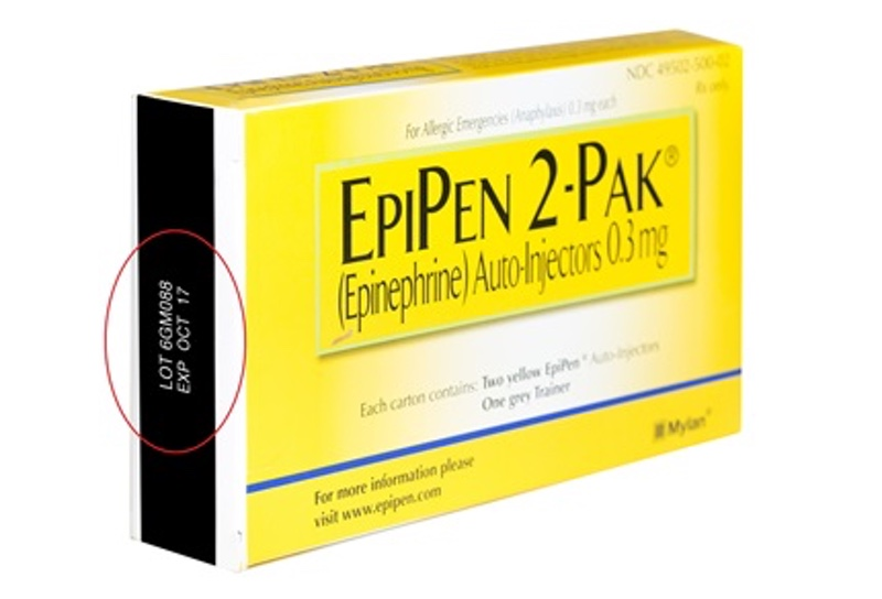 Photo of an EpiPen 2-Pak released by Mylan to show consumers where they can find the lot number and expiration date for products affected by the recall (Mylan)